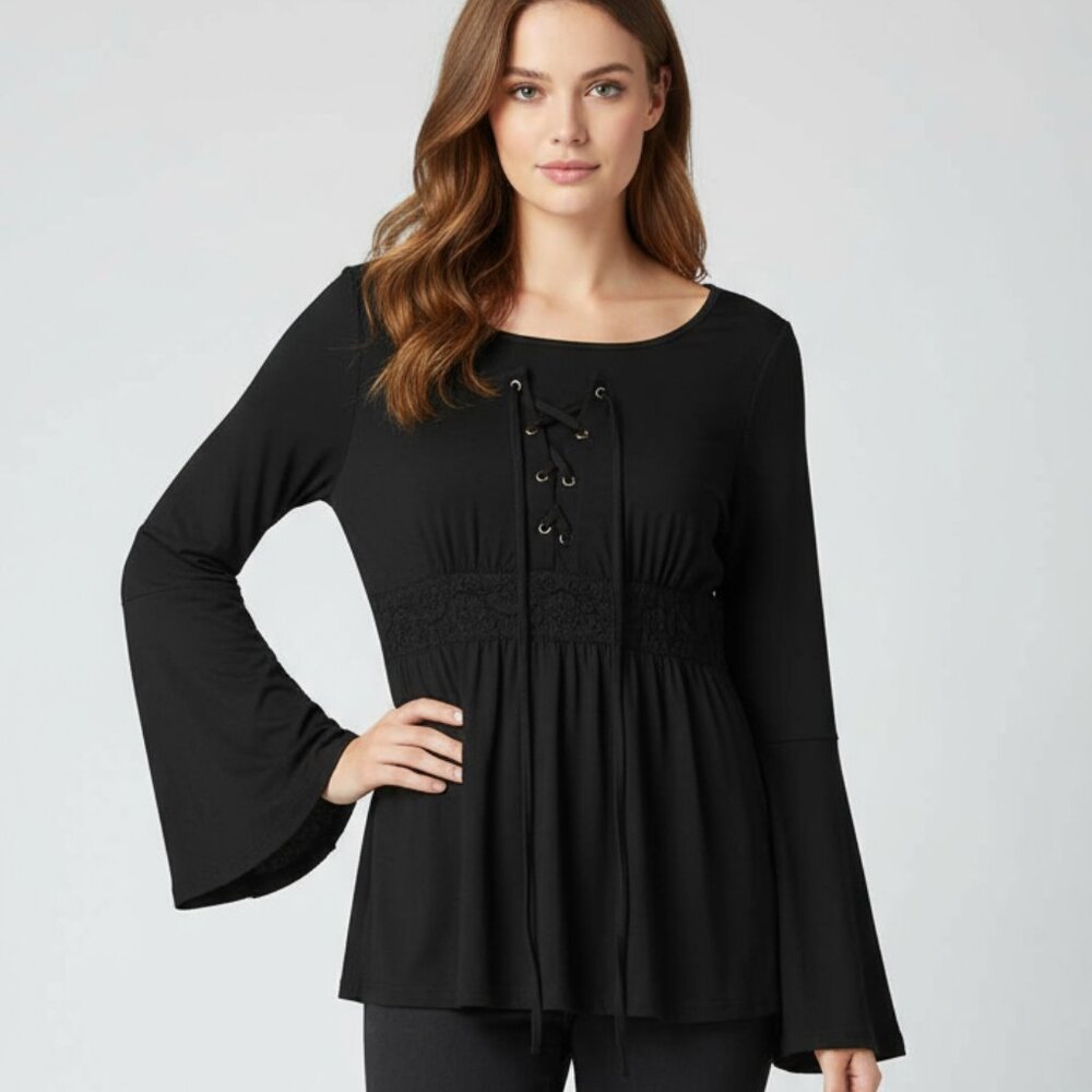 Black Long-Sleeve Lace-Up Blouse With Lace Detail By Fisoul Medium